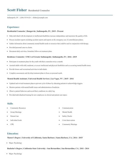 Residential Counselor Resume