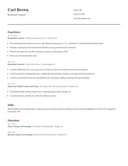 Residential Counselor Resume