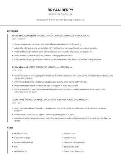 Residential Counselor Resume