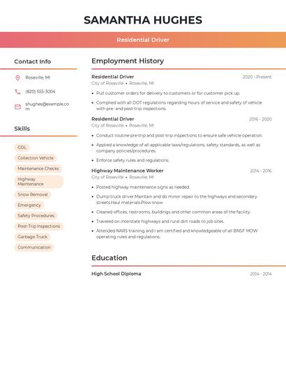 Residential Driver Resume