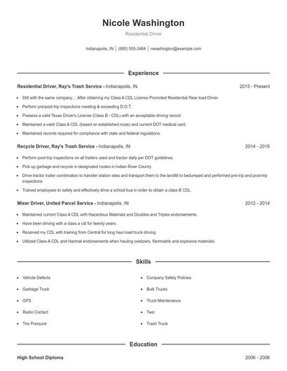 Residential Driver Resume