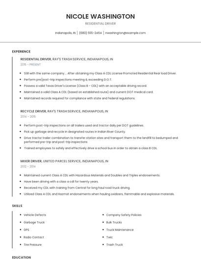 Residential Driver Resume