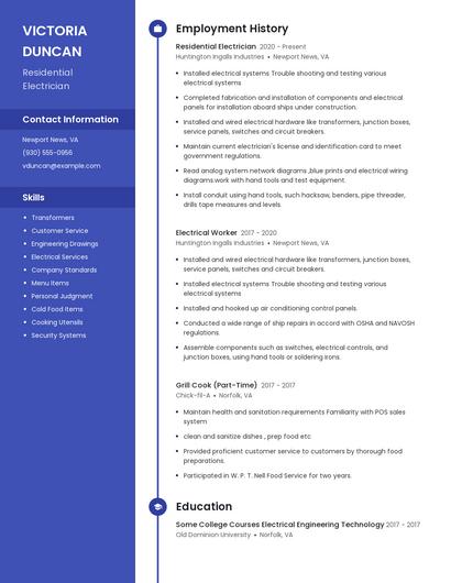 Residential Electrician Resume