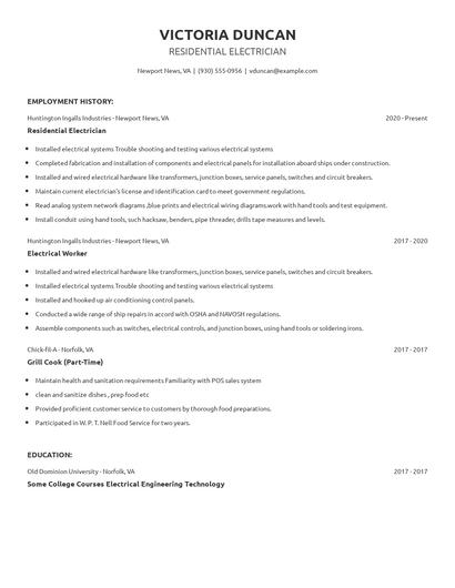 Residential Electrician Resume