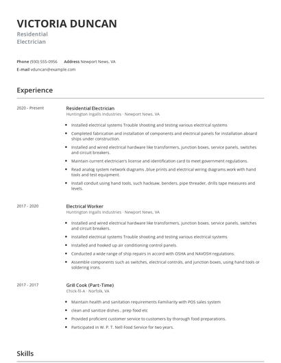 Residential Electrician Resume