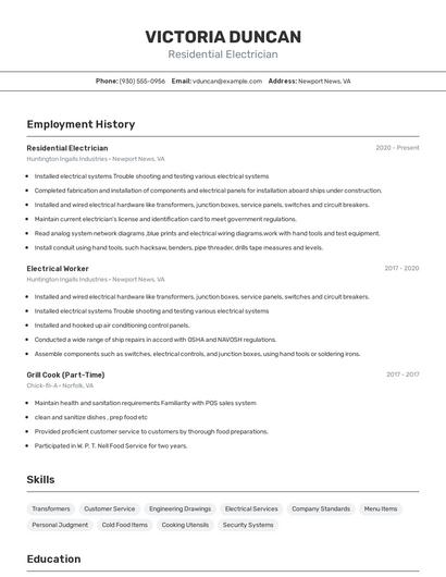 Residential Electrician Resume