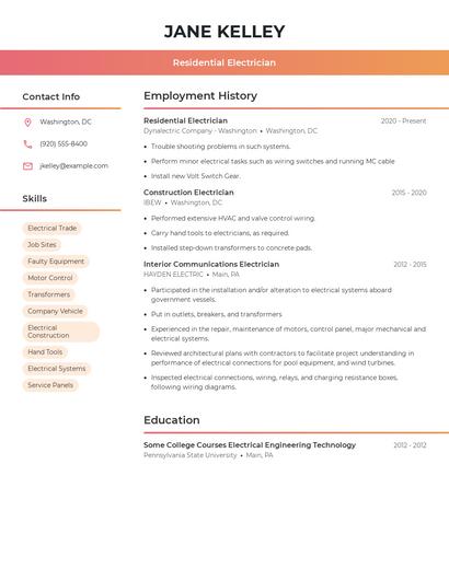 Residential Electrician Resume