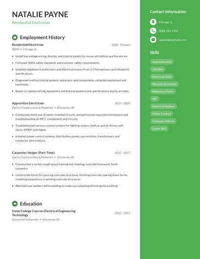 Residential Electrician Resume