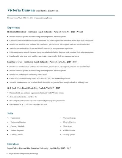 Residential Electrician Resume