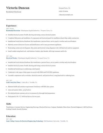 Residential Electrician Resume
