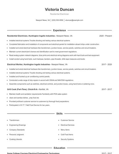 Residential Electrician Resume