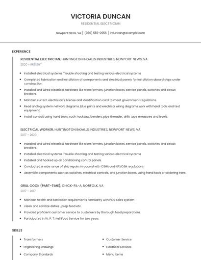 Residential Electrician Resume