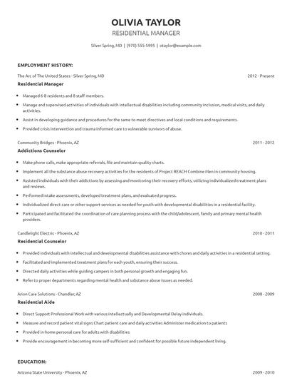 Residential Manager Resume