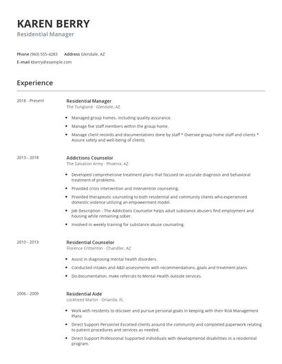Residential Manager Resume