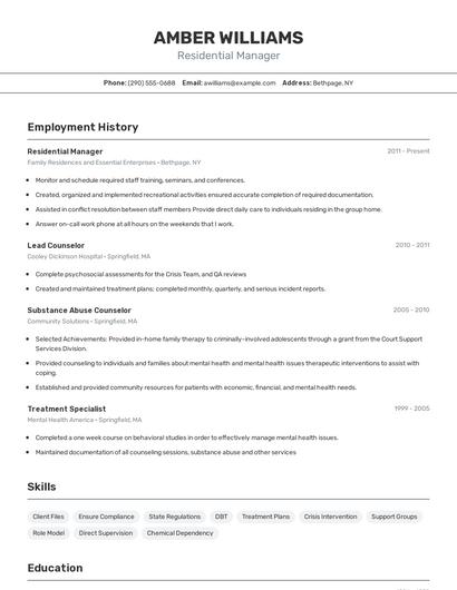 Residential Manager Resume