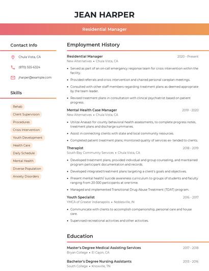 Residential Manager Resume