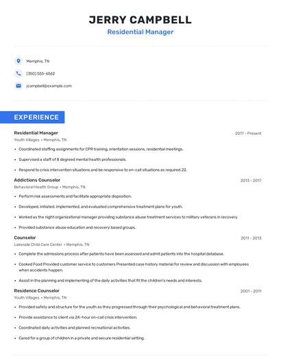 Residential Manager Resume