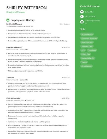 Residential Manager Resume