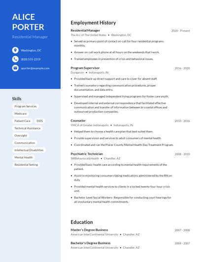 Residential Manager Resume