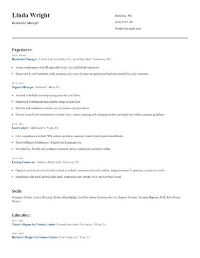 Residential Manager Resume