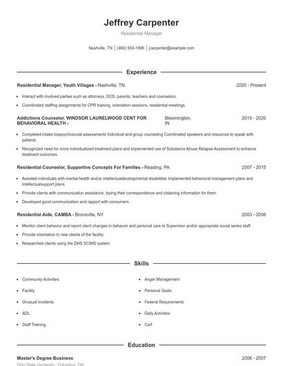 Residential Manager Resume