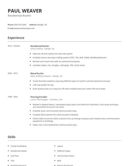 Residential Roofer Resume