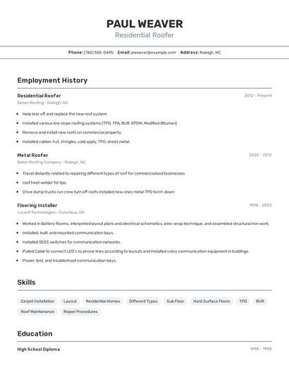 Residential Roofer Resume