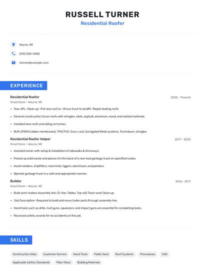 Residential Roofer Resume