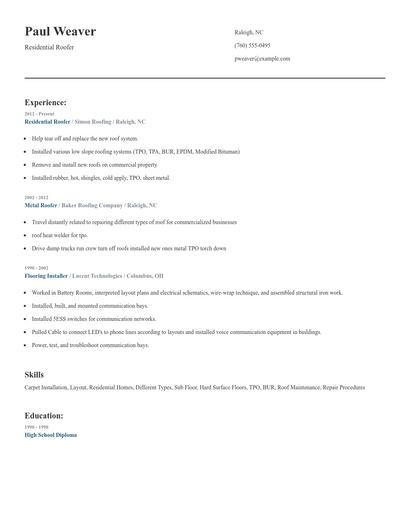 Residential Roofer Resume