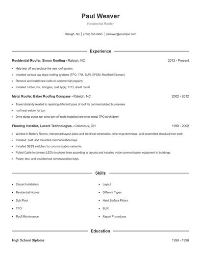 Residential Roofer Resume