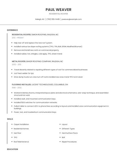 Residential Roofer Resume