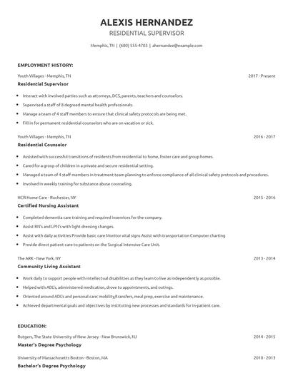 Residential Supervisor Resume