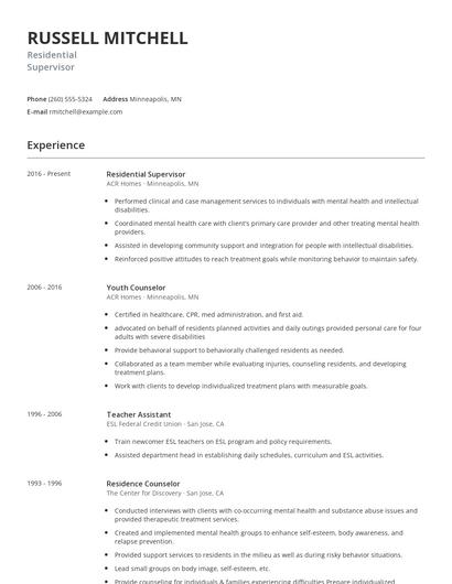 Residential Supervisor Resume