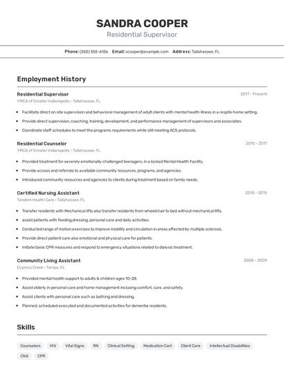 Residential Supervisor Resume