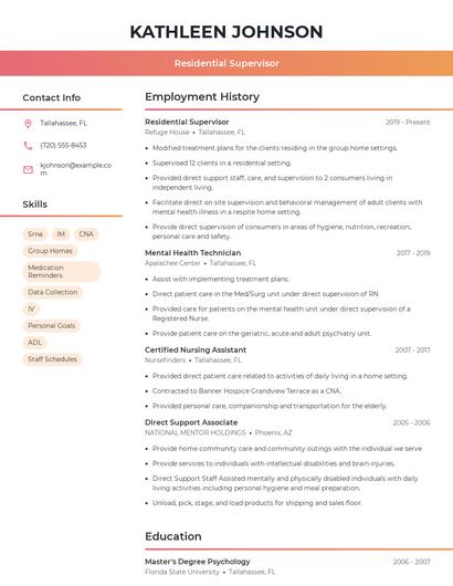 Residential Supervisor Resume
