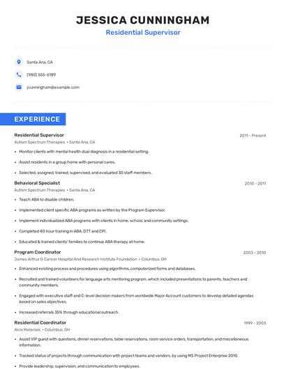 Residential Supervisor Resume