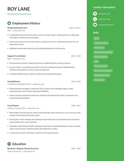 Residential Supervisor Resume