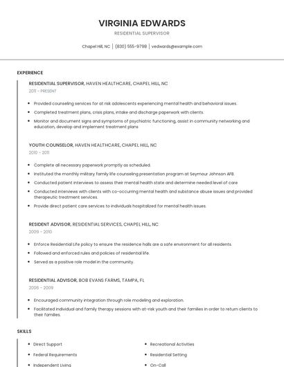 Residential Supervisor Resume