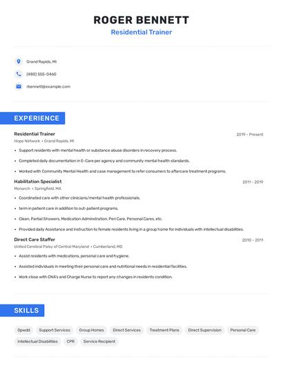 Residential Trainer Resume