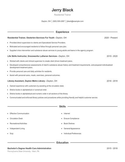 Residential Trainer Resume