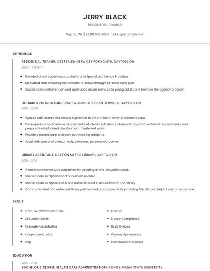 Residential Trainer Resume