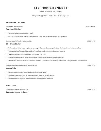 Residential Worker Resume