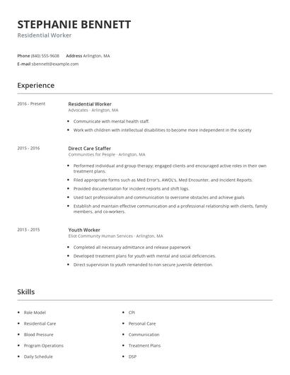 Residential Worker Resume