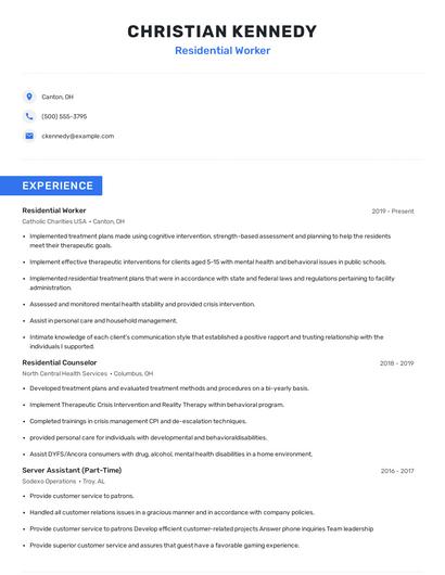 Residential Worker Resume