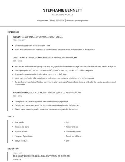 Residential Worker Resume