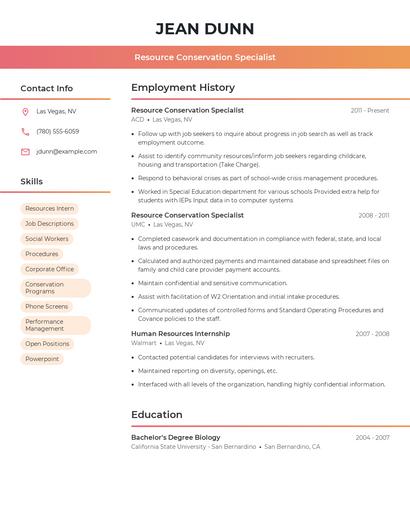 Resource Conservation Specialist Resume