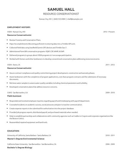 Resource Conservationist Resume