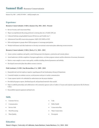 Resource Conservationist Resume
