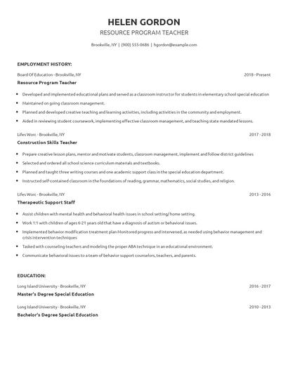 Resource Program Teacher Resume