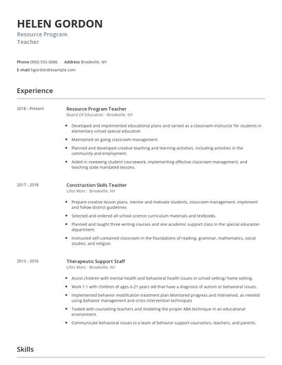 Resource Program Teacher Resume